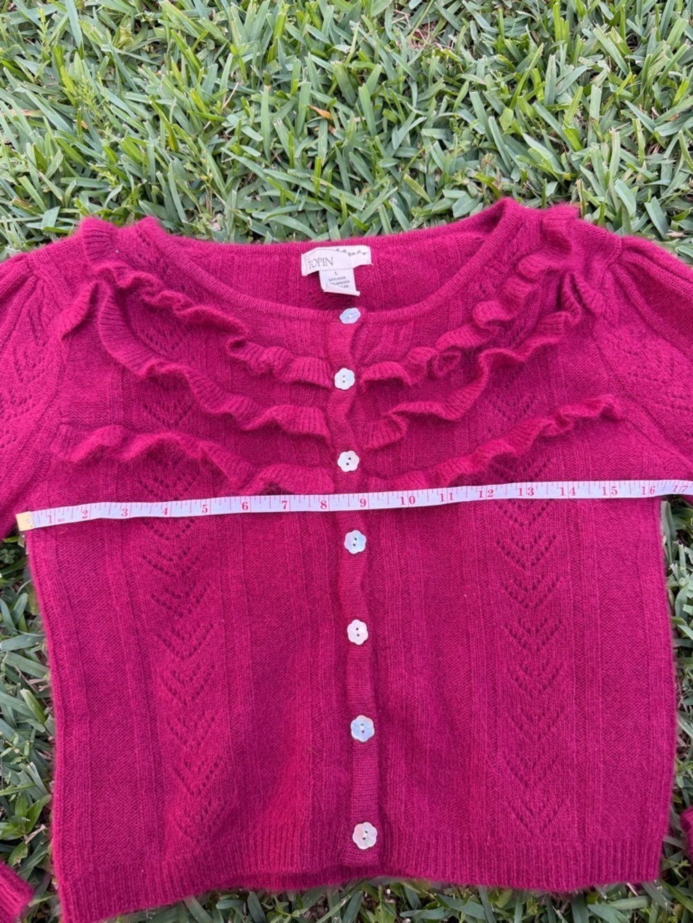 Topin Angora Wool Blend Ruffle Cardigan Raspberry Pink Grandmacore Coquette S - Picture 4 of 7